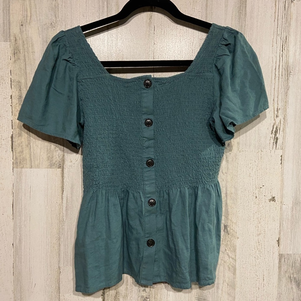 Madewell Blue Linen-Blend Lucie Smocked Peplum Top Blouse XS - Picture 7 of 9